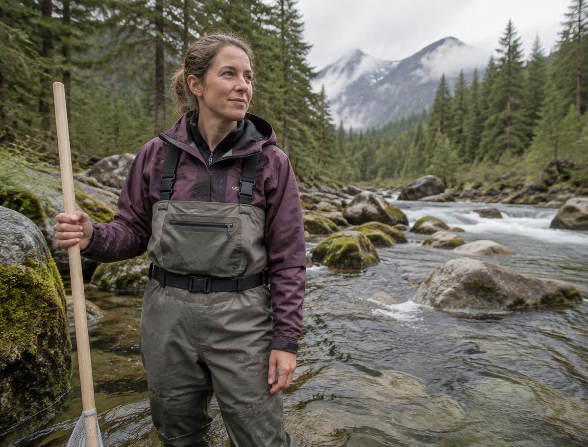 Illustrative persona: a fisheries biologist beside a forested stream.