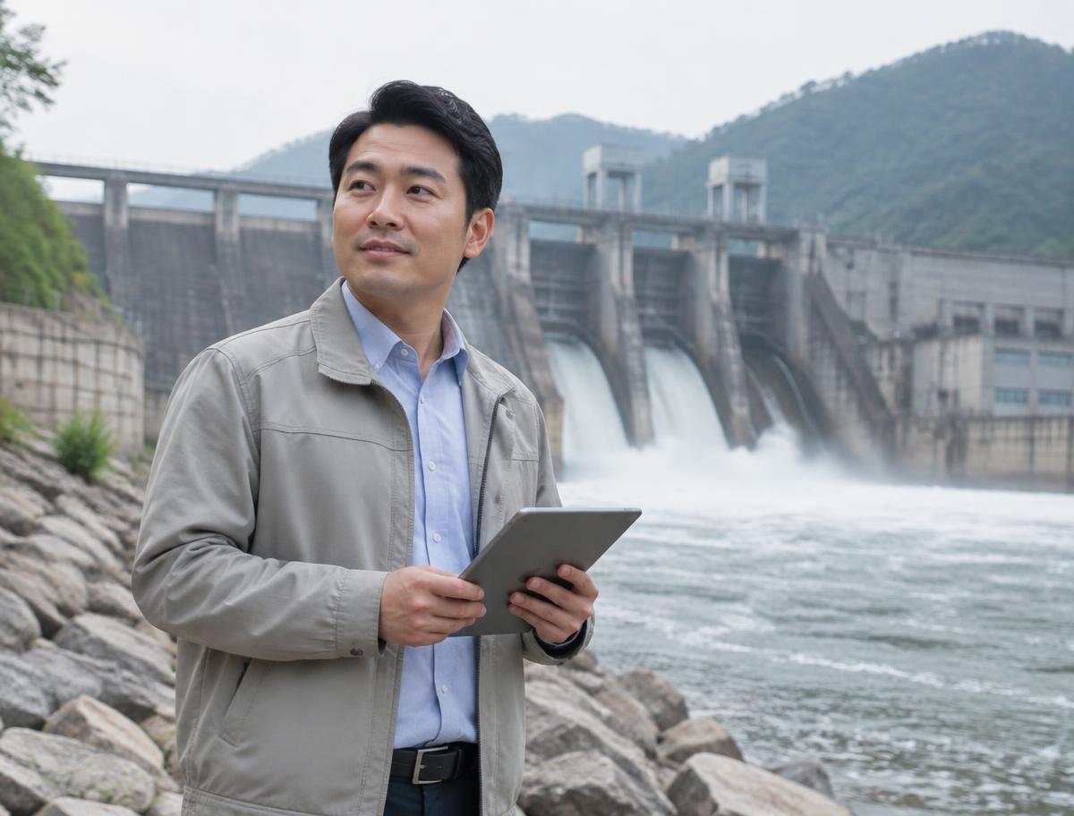 Illustrative persona: an environmental consultant near a river, holding a tablet.