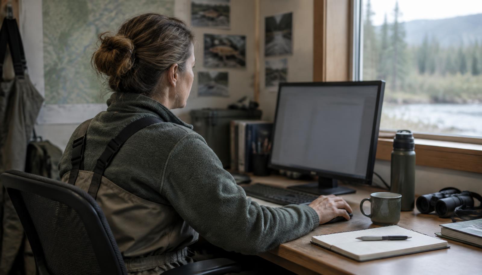 Illustrative persona: Dana Whitfield, a fisheries biologist, seated at a computer in a field office overlooking a stream