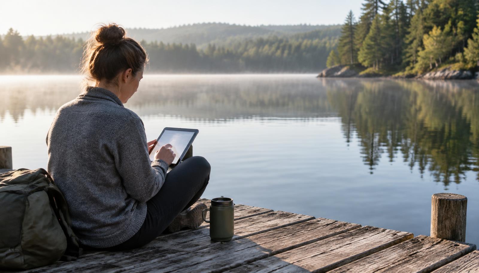 A person filling out a form on a tablet while sitting on a wooden lake dock