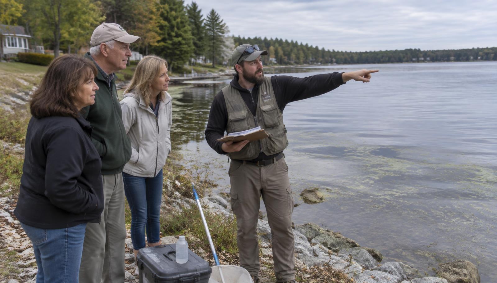 A bearded limnologist pointing across a lake while three homeowners listen